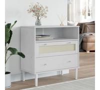 Holamys SENJA Buffet aspect rotin blanc, 80 x 40 x 80 cm, en bois de pin laqué UV, avec 2 tiroirs, espace de rangement polyvalent pour le salon