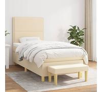 Holamys Sommier à Lattes de Lit Crème 90x190 cm avec Tête de Lit Réglable, Matelas à Ressorts Ensachés, Surmatelas Mousse et Banc Assorti, Tissu Durable