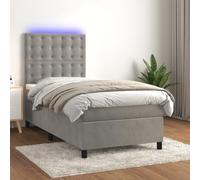 Holamys Sommier à Lattes Gris Clair 90x200 cm avec Matelas à Ressorts Ensachés, Tête de Lit Réglable en Velours Doux et Bande LED Intégrée pour Chambre, Meuble de Lit