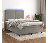 Holamys Sommier à Lattes Lit Double Gris Clair 140x190 cm avec Matelas Ressorts Ensachés, Surmatelas Mousse et Bande LED Réglable, Velours Doux