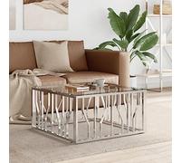 Holamys Table basse 80 x 80 x 40 cm en acier inoxydable et verre trempé, argenté, carrée, moderne, pour salon, durable et résistante à la corrosion