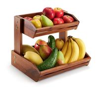HOLANA Corbeille à fruits en bois d'acacia - Bol à fruits à 2 niveaux pour comptoir de cuisine, grande taille 35,6 x 25,4 cm, Fruteros Para Cocina, rangement de fruits et légumes (2 niveaux)