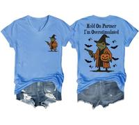 Hold On Partner I'm Overstimulated Shirt Halloween Tees Hold On I'm Overstimulated T-shirt col en V, Bleu (Carolina blue), M