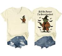 Hold On Partner I'm Overstimulated Shirt Halloween Tees Hold On I'm Overstimulated T-shirt col en V, Crème/jaune, M