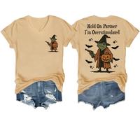 Hold On Partner I'm Overstimulated Shirt Halloween Tees Hold On I'm Overstimulated T-shirt col en V, Marron jaune clair, L