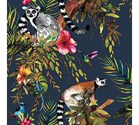 Lémurien Jungle Tropical Fleurs Exotique Oiseaux Animaux Minuit Bleu 12403 Peint