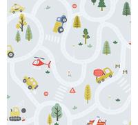 Holden Storybook Roundabout Road Fun Vehicle and Traffic Theme Papier peint avec voitures, camions, hélicoptères, pelleteuses pour une chambre de garçon ludique, bleu clair (14082)