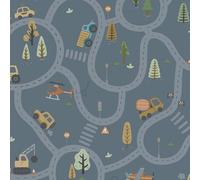 Holden Storybook Roundabout Road Fun Vehicle and Traffic Theme Papier peint avec voitures, camions, hélicoptères, pelleteuses, pour une chambre de garçon ludique, bleu denim (14083)