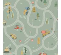 Holden Storybook Roundabout Road Fun Vehicle and Traffic Theme Wallpaper with Cars, Trucks, Helicopters, Diggers for a Playful Boys Bedroom Wall Sage Green (14081)