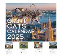 Holdes Calendrier mural 2025, calendrier mural urbain amusant, grand chat, terre avec bâtiments emblématiques, calendrier mensuel, calendrier vertical carré pour mur de bureau