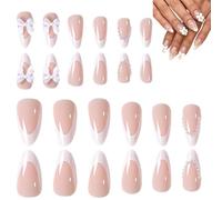 Holdes Ongles Artificiels,24 Pièces Pointes De Manucure Avec Colle,Ongles Français À Bord Blanc Autocollants Avec Noeud Et Perle - Pour Femmes Et Filles Mariage Salon À Domicile Art Port Quotidien