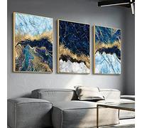 HOLEILUCK Bleu Marbre Doré Toile Affiche Art Contemporain Abstrait Peinture Imprimer Image Moderne Maison Chambre Décoration 55x70cm(22x28in) x3Pcs Sans Cadre