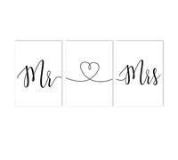 HOLEILUCK Mr Mrs Heart Calligraphie Imprimer Noir et Blanc Minimaliste Mur Art Toile Peinture Photos Couple Amant Cadeau Décor affiche 50x75cm (20x30in) x3Pcs Sans Cadre