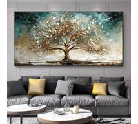HOLEILUCK Peinture sur toile abstraite avec arbre d'hiver doré et bleu - Art mural - Paysage d'arbre riche - Grande image pour décoration murale de salon - 60 x 130 cm avec cadre noir