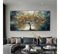 HOLEILUCK Peinture sur toile abstraite avec arbre d'hiver doré et bleu, paysage d'arbre riche, grande image pour salon, art mural 70 x 155 cm avec cadre noir