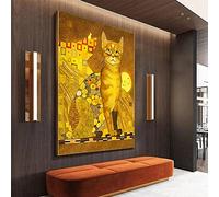 HOLEILUCK Peinture sur toile de chat doré Gustav Klimt, impression d'œuvres d'art rétro abstraites d'animaux, images murales pour décoration de salon, 60x110cm/24x43 pouces, sans cadre
