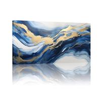 HOLEILUCK Toile d'art abstraite bleue, peinture dorée, décoration murale pour salon, prête à accrocher, 70x140cm/28x55 pouces, avec cadre