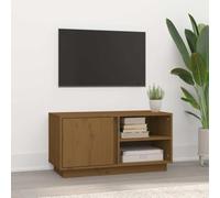 Holekex Meuble TV marron miel en pin massif 80 x 35 x 40,5 cm avec 3 compartiments et porte, espace de rangement pour salon et chambre à coucher, meuble bas élégant et commode pour home cinéma et