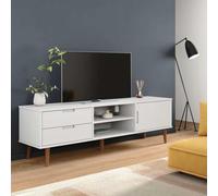 Holekex Meuble TV MOLDE blanc en pin massif avec vernis UV 158 x 40 x 49 cm, 2 tiroirs, 3 compartiments, 1 porte, espace de rangement pour salon, chambre à coucher et home cinéma