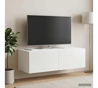 Holekex Meuble TV mural blanc brillant en bois 98 x 41 x 30 cm avec 2 portes pivotantes, espace de rangement, meuble bas moderne pour bar de son et coin de jeu