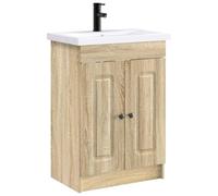 Holepyr Ensemble de meubles de salle de bain en chêne Sonoma 56 x 37,5 x 81 cm avec lavabo, robinet, espace de rangement, tiroirs, porte, étagère pour rénovation et décoration de salle de bain moderne