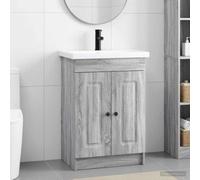 Holepyr Ensemble de meubles de salle de bain gris sonoma 56 x 37,5 x 81 cm en bois avec lavabo, robinet, espace de rangement, tiroirs, porte, étagère, kit de montage pour rénovation et design moderne