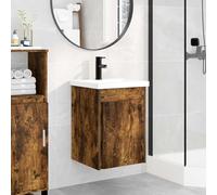 Holepyr Meuble de salle de bain avec lavabo et mitigeur noir, montage mural, chêne fumé, espace de rangement avec porte et étagère