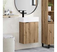 Holepyr Meuble de salle de bain en chêne Artisan avec lavabo et robinet noir, montage mural, espace de rangement avec tiroir et porte, meuble de salle de bain moderne pour invités WC et rénovation