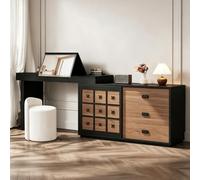 HOLGVE Vanité Médiévale Moderne en Forme de L avec Miroir Rabattable | Commode Extensible wn Forme de L Poste de Travail D'angle Rotatif à 90° for Chambre à Coucher(Brown-C)