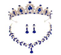 Holibanna Ensemble de Bijoux de Mariage pour Mariée Tiare Dorée Bleue, Collier et Boucles D'oreilles en Alliage Solide, Accessoires Élégants pour Robe de Mariée et Cérémonie, Parure Bijoux