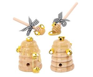 Holibanna Ensemble Décoration Ruche Artisanale en Bois et Paille Naturelle 4 Pcs Pichet et Plateau à Étages pour Fête des Abeilles et Décoration Intérieure Écologique