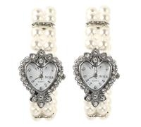 Holibanna Montre-Bracelet Femme Quartz à Double Rangée De Perles Élastique, Forme Cœur Fantaisie, Bijou Décoratif Élégant pour Poignet, Présent Noël, Lot De 2