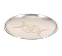 Holibanna Plateau Décoratif Rond en Fer Pentacle et Lune, Assiette à Bougie Décorative Argentée, Plateau de Rangement pour Bijoux, Accessoire D’autel Multifonction pour Décoration