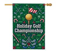 Holiday Golf Championship Drapeau de maison de Noël avec citation de balle | Feuilles de houx, drapeau de cour, canne à sucre, clubs de golf croisés, thème sports d'hiver, décoration de cour avant
