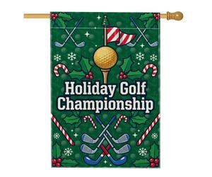 Holiday Golf Championship Drapeau de maison de Noël avec citation de balle | Feuilles de houx, drapeau de cour, canne à sucre, clubs de golf croisés, thème sports d'hiver, décoration de cour avant
