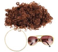 HOLIDYOYO 1 Ensemble De Perruques Pour Hommes Des Années 70 Perruques Afro Brunes Courtes Et Bou s Des Années 80 Perruques De Rocker Brunes Avec Collier De Lunettes Perruques De Fête