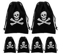 HOLIDYOYO Lot de 6 Pochettes à Cordon en Polyester 12x9,5 Cm pour Rangement de Bonbons et Trésors, Paquet Présents D'halloween Pirate Motif Crâne et Os Croisés, Accessoire Fête Thème Pirate
