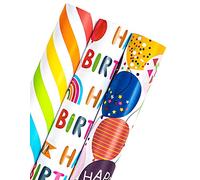 Holijolly birthday Packaging roll - mini - roll - colored ballons, Stripes, Happy Birthday design, Great fit for Party, celebration, baby shower - 3 roll - 43.2x305cm per Roll