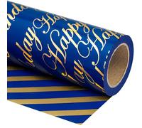 Holijolly Papier d'emballage d'anniversaire réversible - Mini rouleau - 43.2CM×10M - Lettre bleu et or "Happy Birthday" pour anniversaire, vacances, fête, baby shower