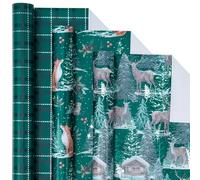 Holijolly Rouleau de papier d'emballage de Noël - Mini rouleau - 3 rouleaux - 17 pouces X 120 pouces par rouleau - Fox,Deer&Chrismas Tress,Green Plaid Collection
