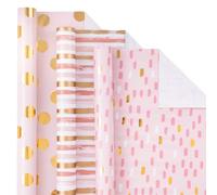 Holijolly Rouleau de papier d'emballage rose - Mini rouleau - Rayures/Points/Paillettes pour emballage cadeau, bricolage - 43.2 CM ×3.05 M - 3 Rouleaux (42.5 sq.ft.ttl.)