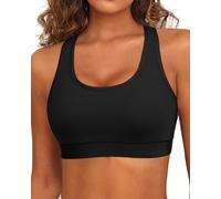 Holipick Haut de bikini de sport pour femme - Dos nageur - Col rond - Haut court rembourré modeste - Maillot de bain uniquement, noir, Taille L