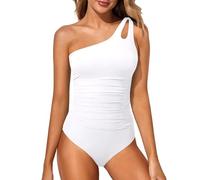 Holipick Maillot de Bain Une pièce asymétrique pour Femme - Contrôle du Ventre - Couverture complète - Maillot de Bain Modeste avec Ouverture au Niveau de l'épaule, Blanc, Taille L