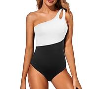 Holipick Maillot de Bain Une pièce asymétrique pour Femme - Contrôle du Ventre - Couverture complète - Maillot de Bain Modeste avec Ouverture au Niveau de l'épaule, Noir/Blanc, Taille L