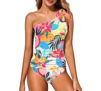 Holipick Maillot de Bain Une pièce asymétrique pour Femme - Contrôle du Ventre - Couverture complète - Maillot de Bain Modeste avec Ouverture au Niveau de l'épaule, Motif Floral Tropical., Taille XL