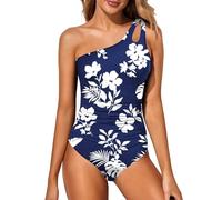 Holipick Maillot de bain une pièce asymétrique pour femme - Contrôle du ventre - Couverture complète - Maillot de bain modeste avec ouverture au niveau de l'épaule, Bleu marine Floral, Taille XL