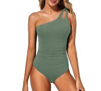 Holipick Maillot de bain une pièce asymétrique pour femme - Contrôle du ventre - Couverture complète - Maillot de bain modeste avec ouverture au niveau de l'épaule, vert, Taille M