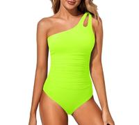Holipick Maillot de bain une pièce asymétrique pour femme - Contrôle du ventre - Couverture complète - Maillot de bain modeste avec ouverture au niveau de l'épaule, vert fluorescent, Taille L