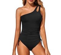 Holipick Maillot de Bain Une pièce Une épaule pour Femme - Contrôle du Ventre - Couverture complète - Maillot de Bain Modeste avec Trou de Serrure, Noir 3, Taille L