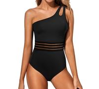 Holipick Maillot de Bain Une pièce Une épaule pour Femme - Contrôle du Ventre - Couverture complète - Maillot de Bain Modeste avec Trou de Serrure, Maille Filet Noir, Taille L